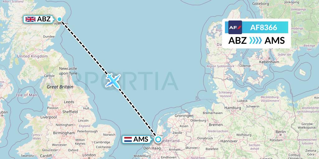 AF8366 Air France Flight Map: Aberdeen to Amsterdam