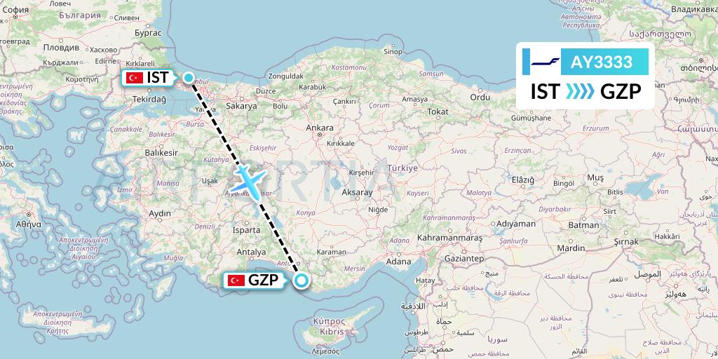 AY3333 Finnair Flight Map: Istanbul to Gazipasa