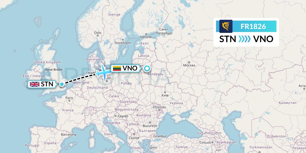 FR1826 Ryanair Flight Map: London to Vilnius