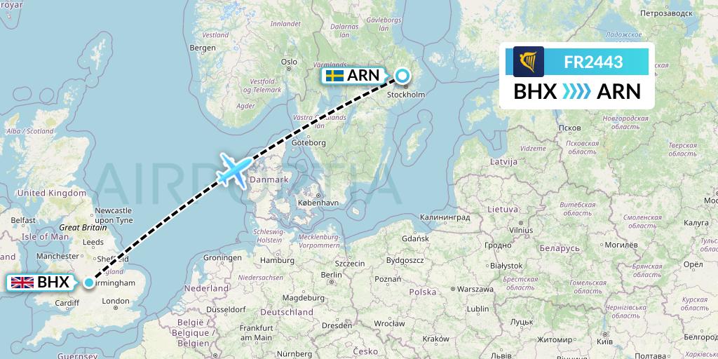 FR2443 Ryanair Flight Map: Birmingham to Stockholm