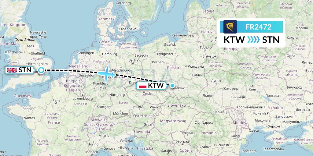 FR2472 Ryanair Flight Map: Katowice to London