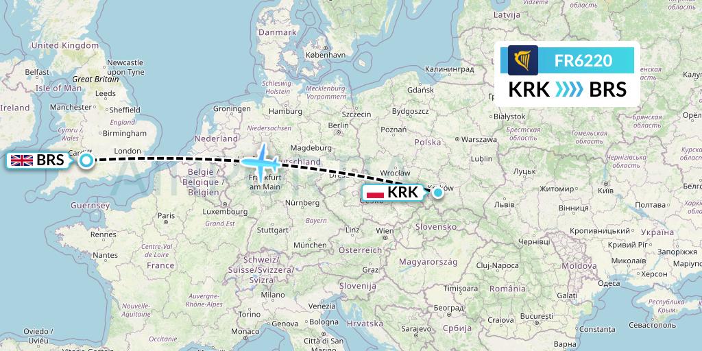 FR6220 Ryanair Flight Map: Krakow to Bristol