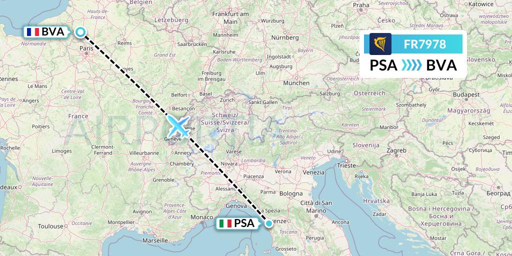 FR7978 Ryanair Flight Map: Pisa to Paris