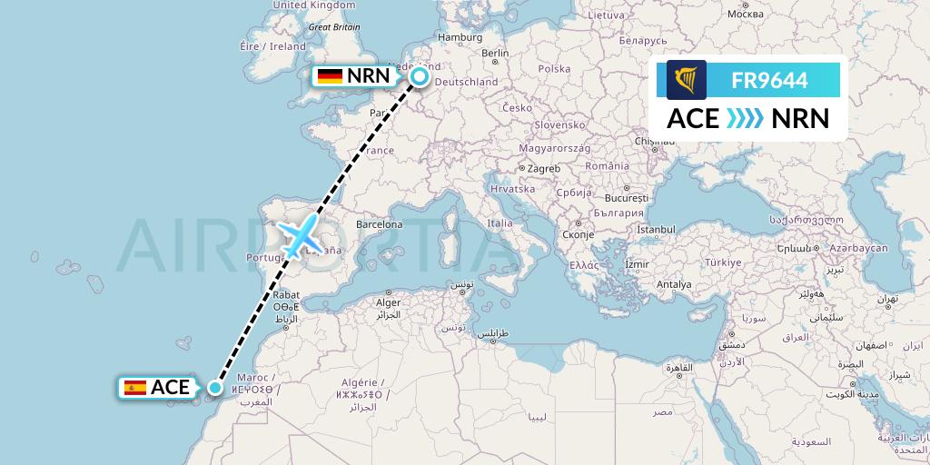 FR9644 Ryanair Flight Map: Lanzarote to Weeze