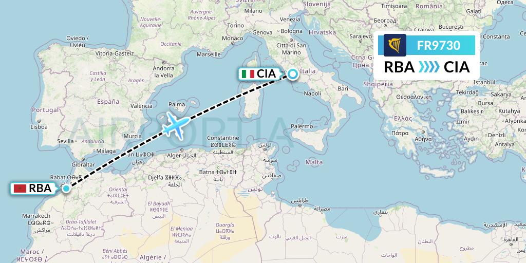 FR9730 Ryanair Flight Map: Rabat to Rome