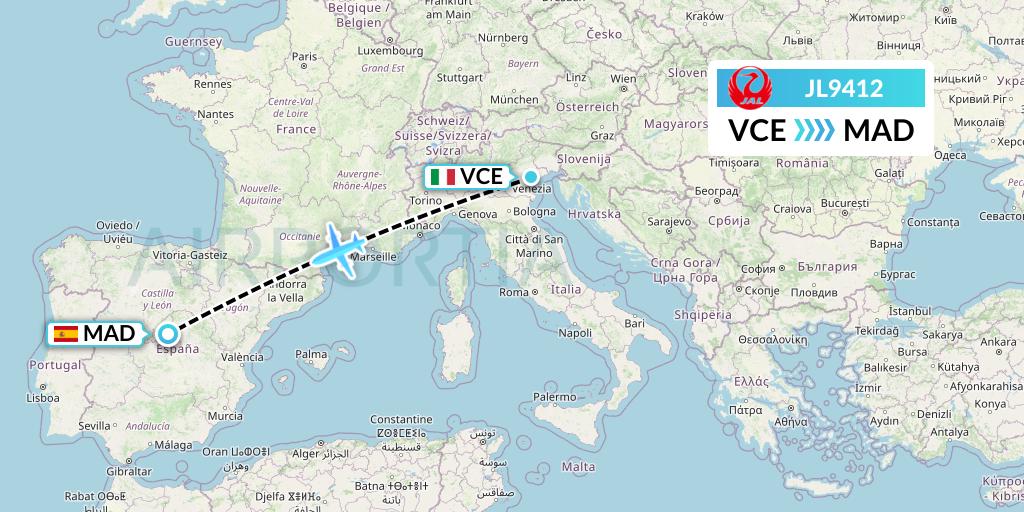 JL9412 Japan Airlines Flight Map: Venice to Madrid