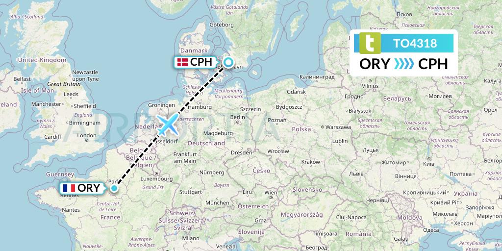 TO4318 Transavia France Flight Map: Paris to Copenhagen
