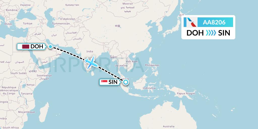 AA8206 American Airlines Flight Map: Doha to Singapore