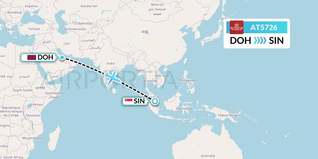 AT5726 Royal Air Maroc Flight Map: Doha to Singapore