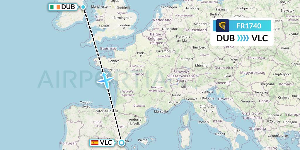 FR1740 Ryanair Flight Map: Dublin to Valencia
