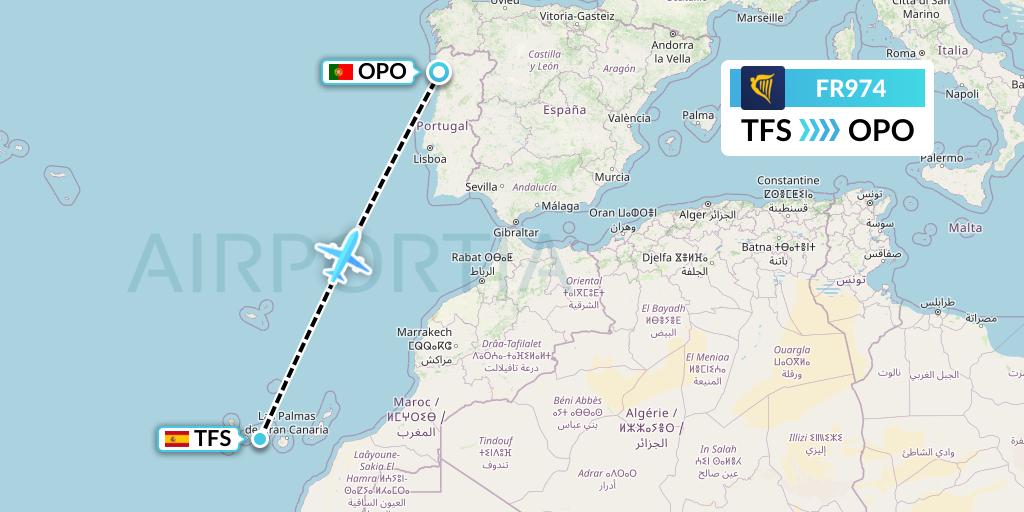 FR974 Ryanair Flight Map: Tenerife to Porto