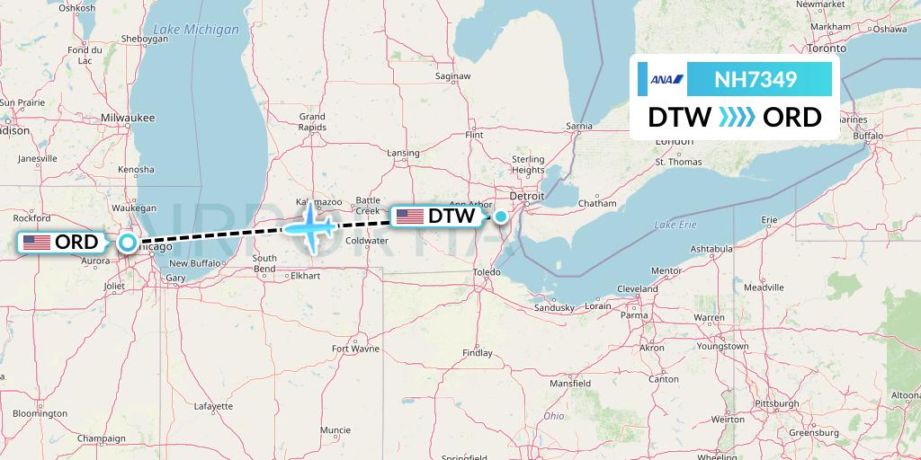 NH7349 All Nippon Airways Flight Map: Detroit to Chicago
