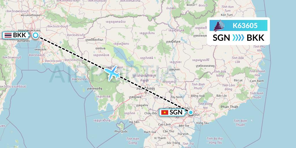 K63605 Cambodia Angkor Air Flight Map: Ho Chi Minh City to Bangkok