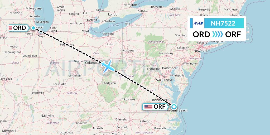 NH7522 All Nippon Airways Flight Map: Chicago to Norfolk