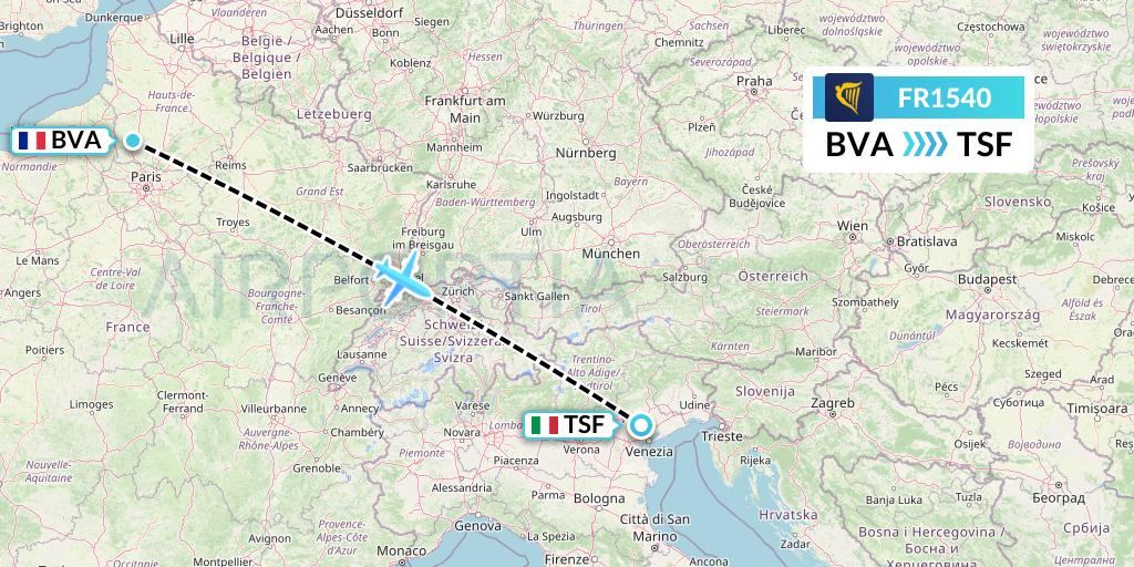 FR1540 Ryanair Flight Map: Paris to Treviso