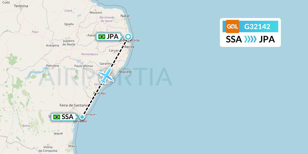 G32142 GOL Transportes Aeros Flight Map: Salvador to Joao Pessoa