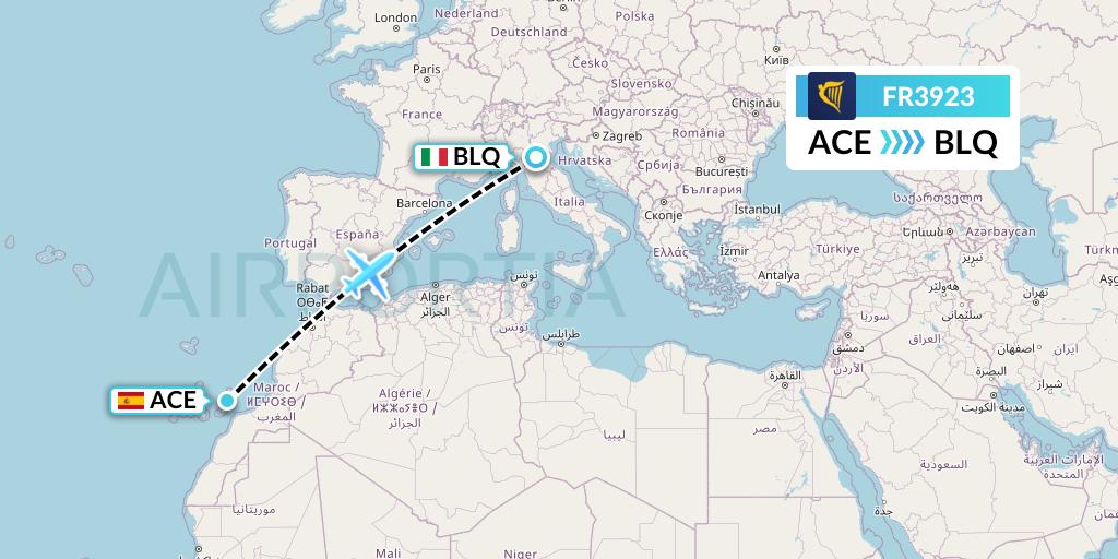 FR3923 Ryanair Flight Map: Lanzarote to Bologna