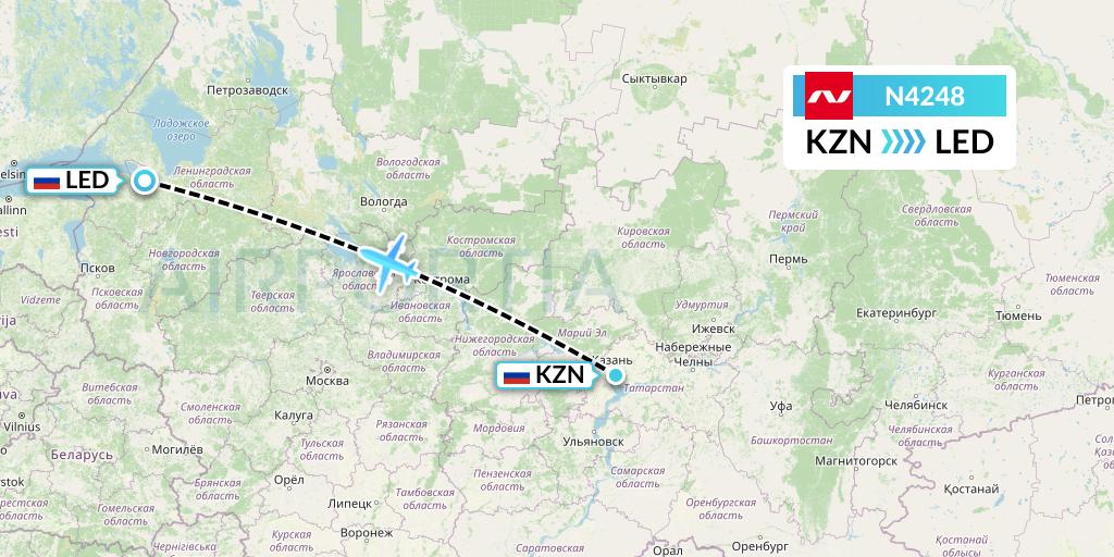 N4248 Nordwind Airlines Flight Map: Kazan to St. Petersburg