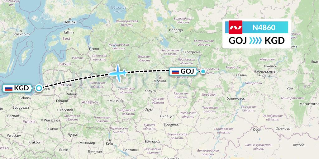 N4860 Nordwind Airlines Flight Map: Nizhny Novgorod to Kaliningrad