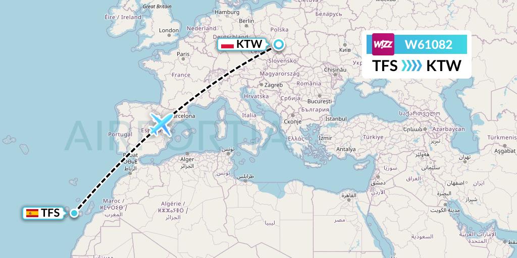 W61082 Wizz Air Flight Map: Tenerife to Katowice