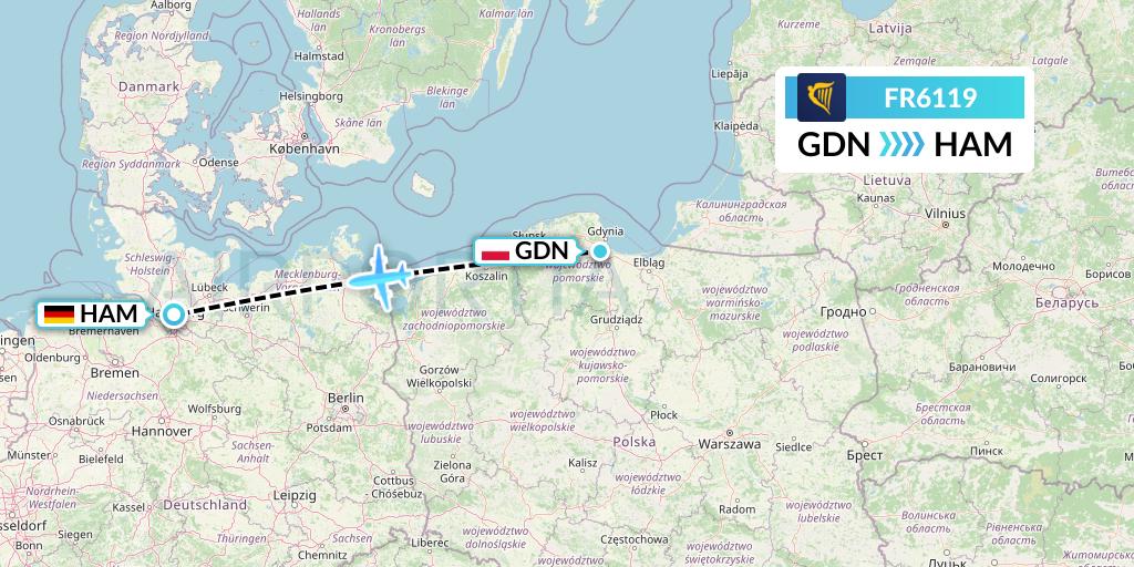 FR6119 Ryanair Flight Map: Gdansk to Hamburg