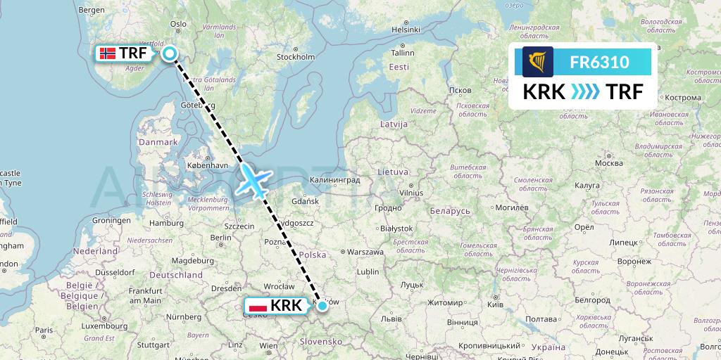 FR6310 Ryanair Flight Map: Krakow to Oslo