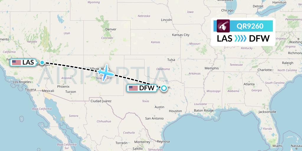QR9260 Qatar Airways Flight Map: Las Vegas to Dallas