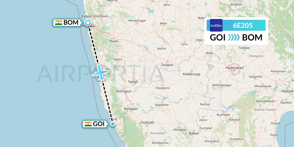 6E205 IndiGo Airlines Flight Map: Goa to Mumbai