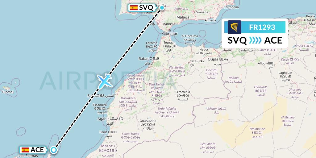 FR1293 Ryanair Flight Map: Seville to Lanzarote