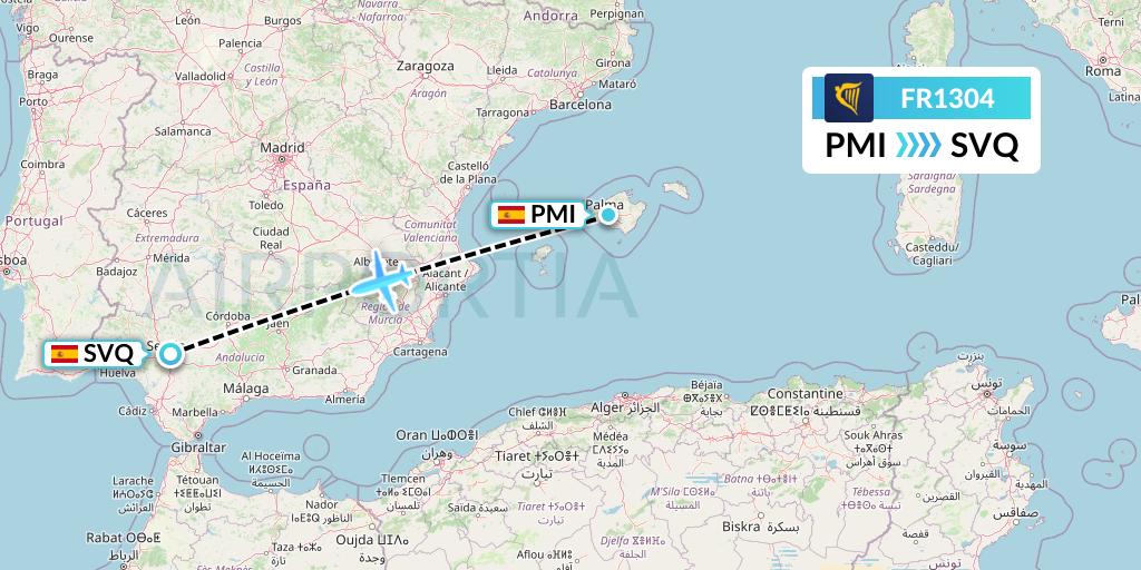 FR1304 Ryanair Flight Map: Palma de Mallorca to Seville