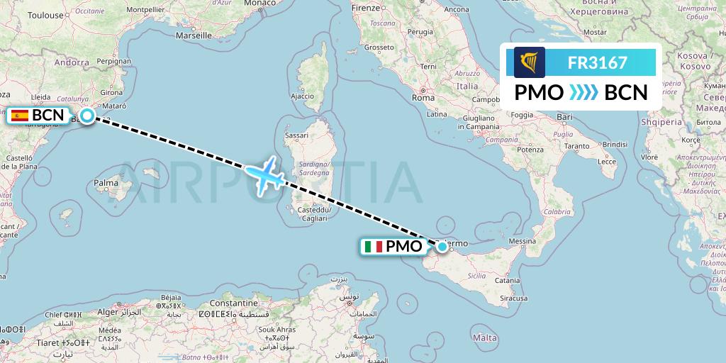 FR3167 Ryanair Flight Map: Palermo to Barcelona