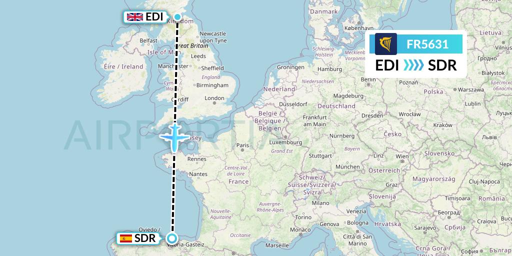FR5631 Ryanair Flight Map: Edinburgh to Santander