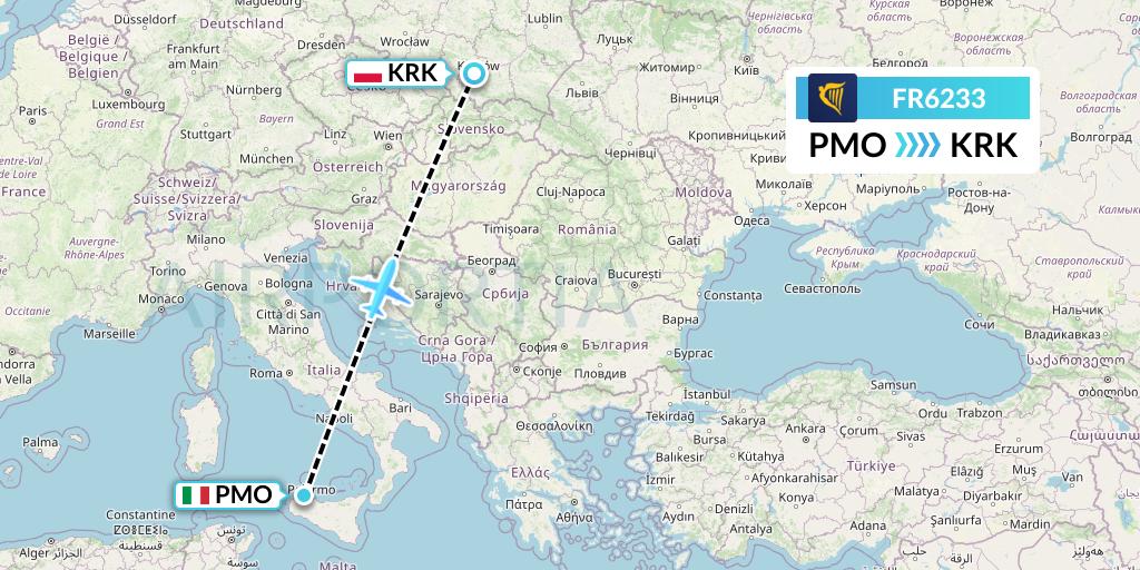 FR6233 Ryanair Flight Map: Palermo to Krakow