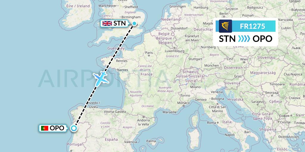FR1275 Ryanair Flight Map: London to Porto