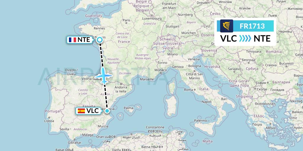FR1713 Ryanair Flight Map: Valencia to Nantes