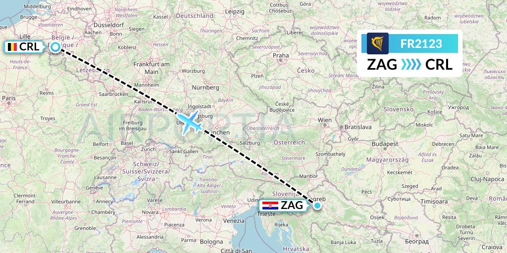 FR2123 Ryanair Flight Map: Zagreb to Brussels