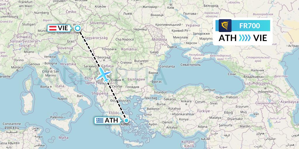 FR700 Ryanair Flight Map: Athens to Vienna
