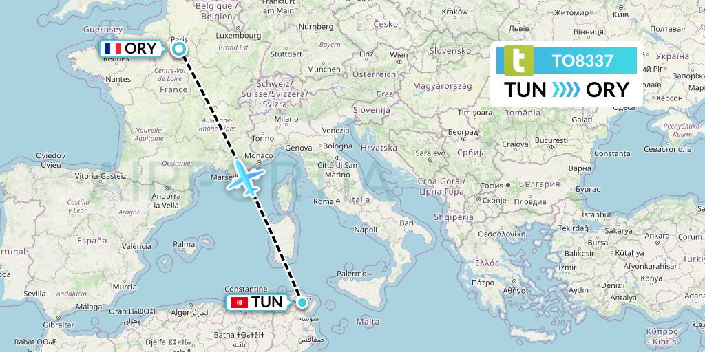 TO8337 Transavia France Flight Map: Tunis to Paris