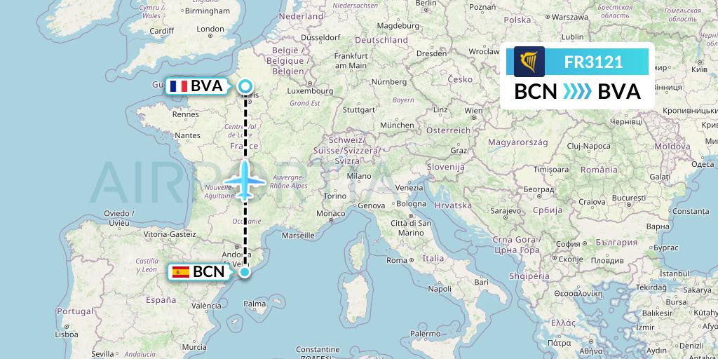 FR3121 Ryanair Flight Map: Barcelona to Paris
