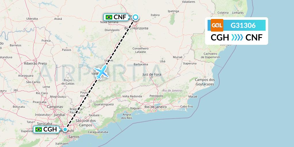 G31306 GOL Transportes Aeros Flight Map: Sao Paulo to Belo Horizonte