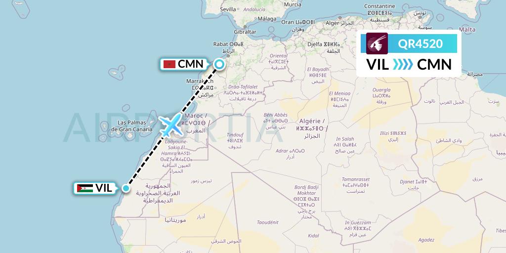 QR4520 Qatar Airways Flight Map: Dakhla to Casablanca