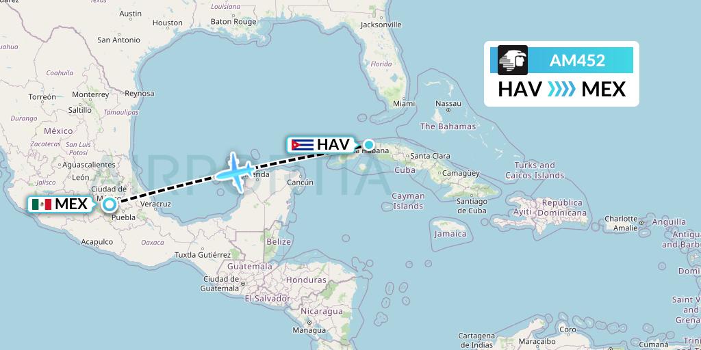 AM452 Aeromexico Flight Map: Havana to Mexico City