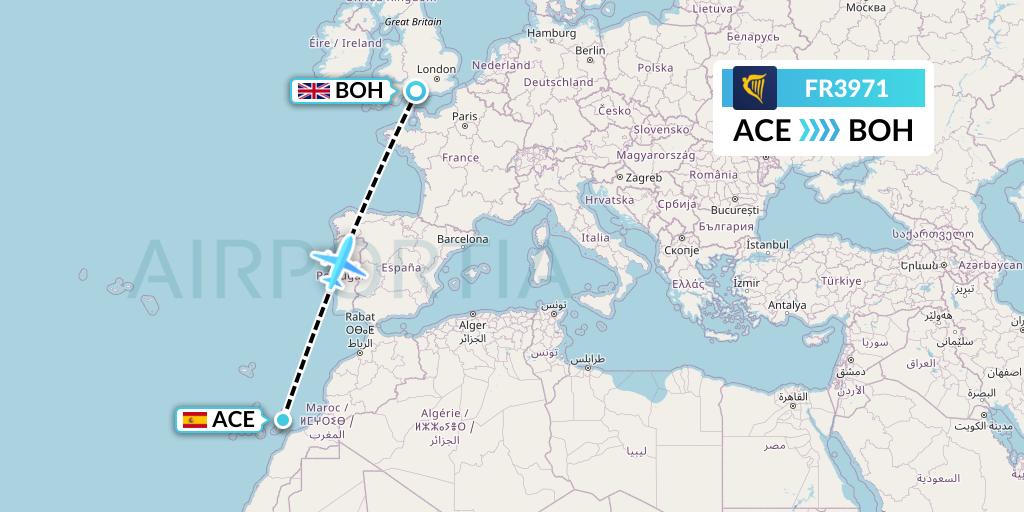 FR3971 Ryanair Flight Map: Lanzarote to Bournemouth