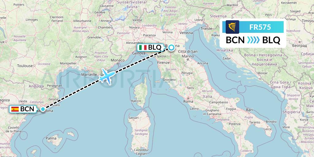 FR575 Ryanair Flight Map: Barcelona to Bologna