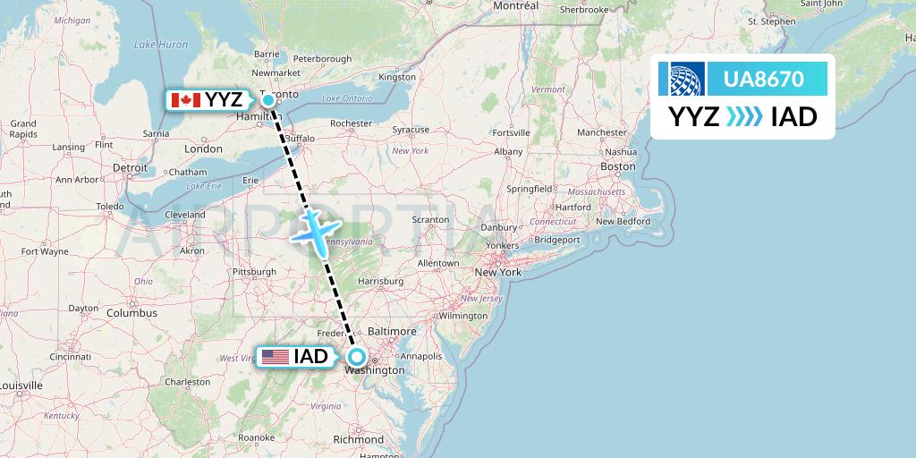 UA8670 United Airlines Flight Map: Toronto to Washington