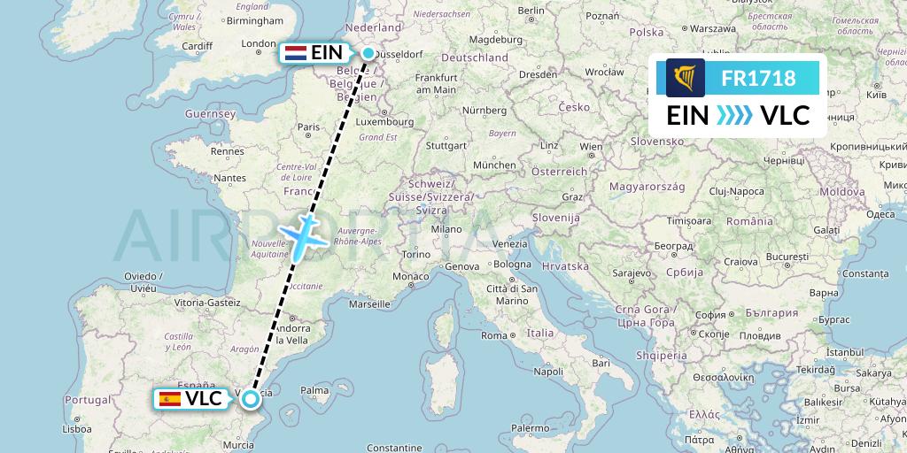 FR1718 Ryanair Flight Map: Eindhoven to Valencia