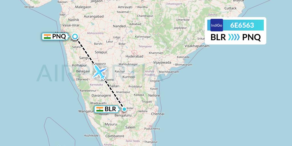 6E6563 IndiGo Airlines Flight Map: Bangalore to Pune