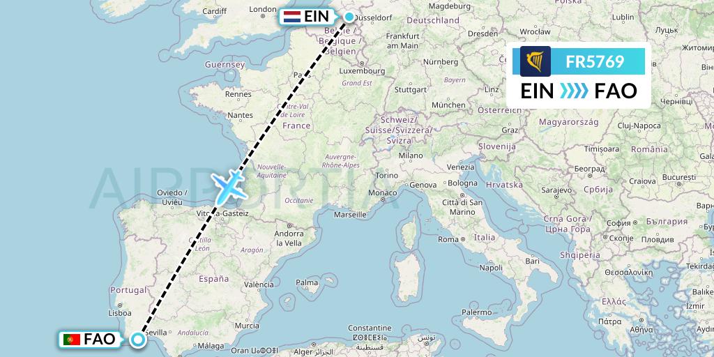 FR5769 Ryanair Flight Map: Eindhoven to Faro