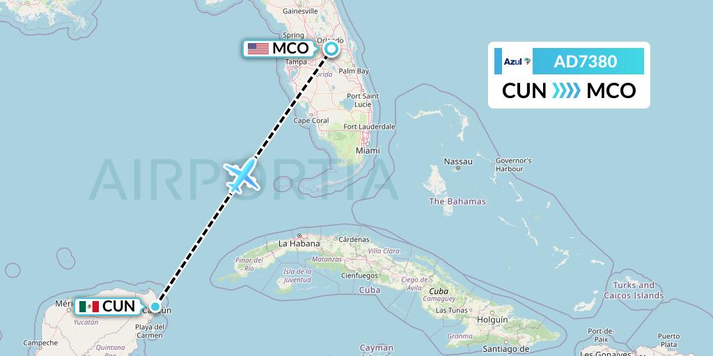 AD7380 Azul Brazilian Airlines Flight Map: Cancun to Orlando