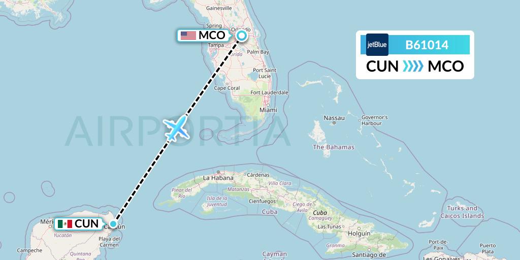 B61014 JetBlue Airways Flight Map: Cancun to Orlando